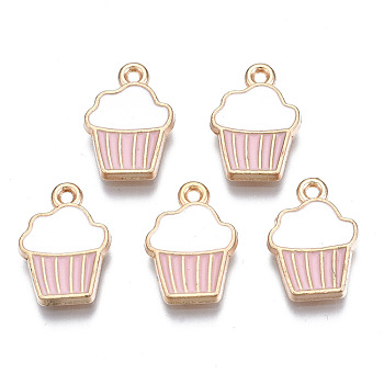 Alloy Enamel Pendants, Cupcake, Light Gold, Pearl Pink, 16x11x2mm, Hole: 1.4mm