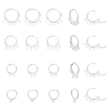 24Pcs 4 Style Rack Plating Eco-friendly Brass Huggie Hoop Earring Findings, with Horizontal Loops, Lead Free & Cadmium Free, Ring, 925 Sterling Silver Plated, 14~18.5x11~18x1.5~2mm, Hole: 1~1.5mm, Pin: 0.5~1mm, 6Pcs/style