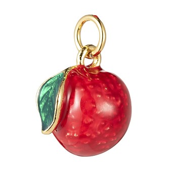 Brass Enamel Fruit Charms, with Jump Ring, Real 18k Gold Plated, Litchi, Red, 11x9mm, Hole: 2.8mm