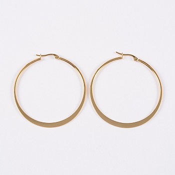 304 Stainless Steel Hoop Earrings, Flat Ring Shape, Hypoallergenic Earrings, Golden, 32x30x2mm, 12 Gauge, Pin: 1mm