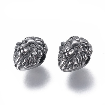 304 Stainless Steel Beads, Lion Head, Antique Silver, 12x11x10mm, Hole: 3mm