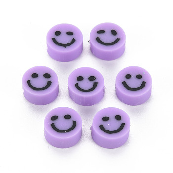 Handmade Polymer Clay Beads, Flat Round with Smiling Face, Lilac, 8~9x4mm, Hole: 1.5mm