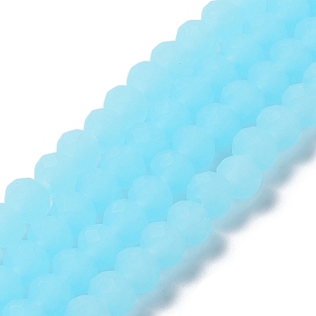 Imitation Jade Solid Color Glass Beads Strands, Faceted, Frosted, Rondelle, Cyan, 8mm, Hole: 1mm, about 65~68pcs/strand, 15.7~16.1 inch(40~41cm)