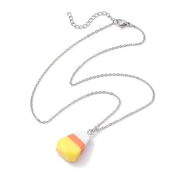 Resin Pendant Necklaces, with Stainless Steel Chain, Candy Corn, Stainless Steel Color, 15.55 inch(39.5cm)
