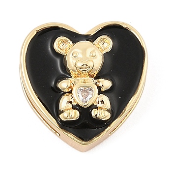 Brass Micro Pave Cubic Zirconia Slide Charms, Long-Lasting Plated, Bear with Enamel Heart, Golden, 15x15x6.5mm, Hole: 4x1.5mm