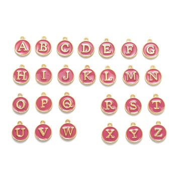 Initial Letter A~Z Alphabet Enamel Charms, Flat Round Disc Double Sided Charms, Golden Plated Enamelled Sequins Alloy Charms, Flamingo, 14x12x2mm, Hole: 1.5mm, 26pcs/set