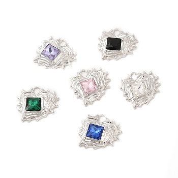 Rack Plating Alloy Glass Pendants, Cadmium Free & Nickel Free & Lead Free, Heart Charms, Platinum, Mixed Color, 23.5x24x6mm, Hole: 4.3x3mm