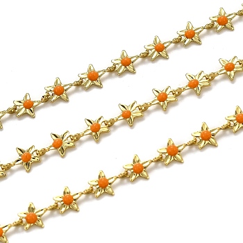 Brass Link Chains, with Enamel, Spool, Long-Lasting Plated, Unwelded, Star, Golden, Orange, Link: 9x6.1x1.5mm