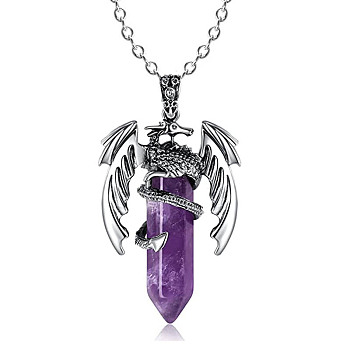Natural Amethyst Bullet with Dragon Pendant Necklace with Zinc Alloy Chains, 19.69 inch(50cm)