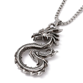 201 Stainless Steel Chain, Zinc Alloy Pendant Necklaces, Dragon, Antique Silver & Stainless Steel Color, 23.62 inch(60cm)