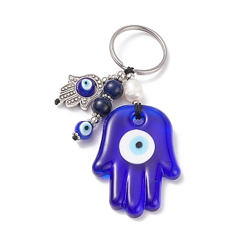 Natural Lapis Lazuli & Freshwater Pearl Bead Keychain, Evil Eye Keychain, with 304 Stainless Steel Findings, Hamsa Hand Pattern, 9.2cm