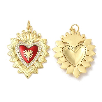 Rack Plating Brass Pendants,  with Cubic Zirconia and Enamel, Lead Free & Cadmium Free, Long-Lasting Plated, Heart, Real 18K Gold Plated, 32x24.5x3mm, Hole: 3.8mm
