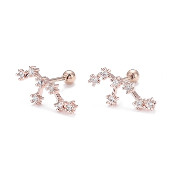 Brass Micro Pave Clear Cubic Zirconia Stud Earrings, with 304 Stainless Steel Pin and Ear Nut, Constellation/Zodiac Sign, Rose Gold, Leo, 15.5x6mm, Pin: 0.8mm