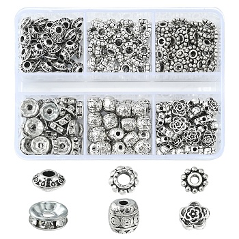 255Pcs 6 Style Iron Rhinestone & Tibetan Style Alloy Spacer Beads, Rondelle & Bicone & Flower & Barrel, Antique Silver, 6~8x3~6mm, Hole: 1~2.5mm