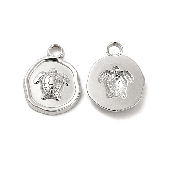 304 Stainless Steel Pendants, Flat Round with Tortoise Charm, Stainless Steel Color, 16.5x13x2.5mm, Hole: 2mm