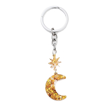 Stainless Steel Keychains, with Acrylic Pendants, Moon, Dark Goldenrod, 10.6cm