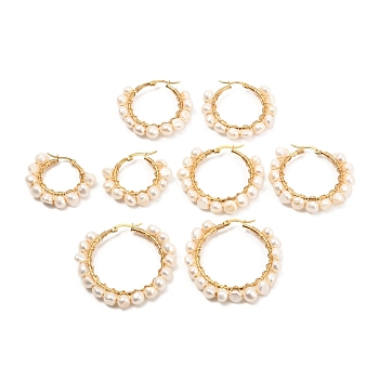 Ring Natural Pearl Beads Hoop Earrings for Girl Women, Golden, WhiteSmoke, 31~47x36~51x7~8.5mm, Pin: 0.6mm, 4pair/set