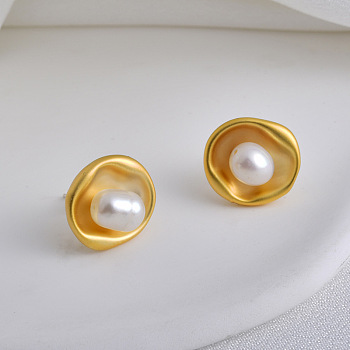 Flat Round Brass & Freshwater Pearl Stud Earrings for Women, Matte Gold Color, 14x14mm