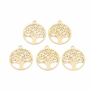 Rack Plating 201 Stainless Steel Filigree Pendants, Etched Metal Embellishments, Nickel Free, Flat Round with Tree of Life, Real 18K Gold Plated, 15.5x13.5x0.4mm, Hole: 1.2mm