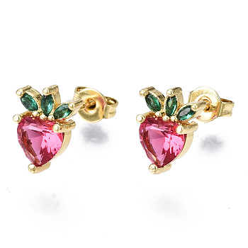 Brass Micro Pave Cubic Zirconia Stud Earrings, with Earring Backs, Nickel Free, Radish, Real 16K Gold Plated, Camellia, 11x8.5mm, Pin: 0.8mm