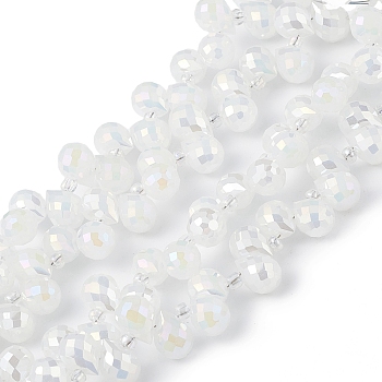 Imitation Jade Glass Beads Strands, Faceted, Top Drilled Teardrop, AB Color Plated, White, 10x7.5~8mm, Hole: 0.8~1mm, about 95~100pcs/strand, 23.23~26.77(59~68cm)