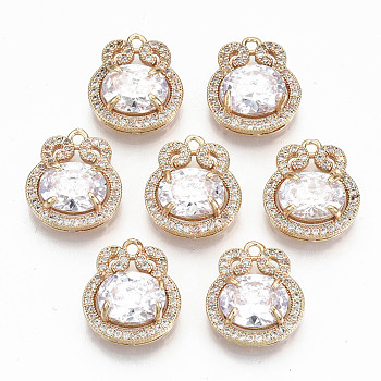 Brass Glass Rhinestone Pendants, with Micro Pave Clear Cubic Zirconia, Long-Lasting Plated, Cadmium Free & Lead Free, Flat Round, Light Gold, Crystal, 17x15x6mm, Hole: 1.5mm