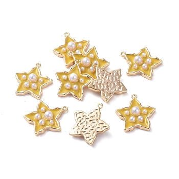 Brass Enamel Pendants, with Acrylic Pearl, Star, Real 18K Gold Plated, Yellow, 15.5x14.4x3.8mm, Hole: 1mm