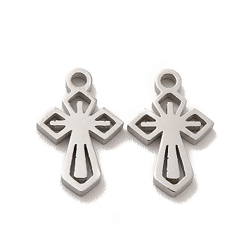 Ion Plating(IP) 304 Stainless Steel Charms, Laser Cut, Religion Cross Charms, Stainless Steel Color, 12.5x8x1.5mm, Hole: 1.4mm
