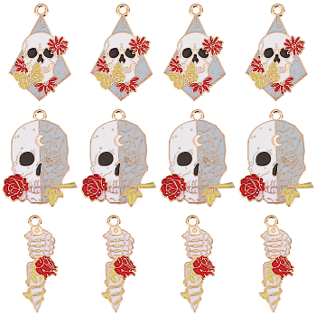 30Pcs 3 Style Halloween Alloy Enamel Pendants, Light Gold, Skull with Rose & Rhombus with Skull & Flower & Butterfly & Awl with Rose, Mixed Color, 30x10~22x1mm, Hole: 2mm, 10pcs/style