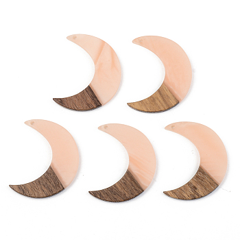 Opaque Resin & Walnut Wood Pendants, Moon, Light Salmon, 38x30x3mm, Hole: 2mm