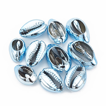 Electroplated Sea Shell Beads, Undrilled/No Hole Beads, Cowrie Shells, Deep Sky Blue, 17~21x11~14x6~8mm