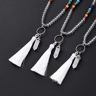 Natural Quartz Crystal Bullet & Tassel Pendant Necklace with Mixed Gemstone Beaded Chains(NJEW-E585-02G)-2