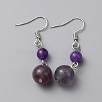 Natural Amethyst Round Beaded Dangle Earrings, Platinum Plated Iron Jewelry for Women, 43mm, Pin: 0.7mm(EJEW-WH0001-11G)