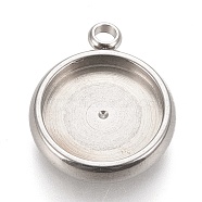 304 Stainless Steel Pendant Cabochon Settings, Lace Edge Bezel Cups, Flat Round, Stainless Steel Color, Tray: 10mm, 15x12.5x3mm, Hole: 1.8mm(STAS-K202-03D-P)