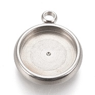 Tarnish Resistant 304 Stainless Steel Pendant Cabochon Settings, Lace Edge Bezel Cups, Flat Round, Stainless Steel Color, Tray: 10mm, 15x12.5x3mm, Hole: 1.8mm(STAS-K202-03D-P)