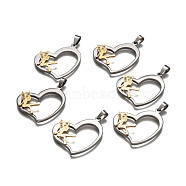 Heart with Fairy 304 Stainless Steel Grade A Rhinestone Pendants, Golden & Stainless Steel Color, 34.5x30x4mm, Hole: 5.5x9mm(STAS-O065-12)