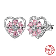 Rhodium Plated 925 Sterling Silver Rotating Heart Stud Earrings, with Pink Cubic Zirconia, with S925 Stamp, Real Platinum Plated, 17x17mm(EJEW-L270-01P)