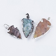 Natural Mixed Stone Pendants, with Brass Findings, Arrow, 32~47x19~22x6~11mm, Hole: 5x8mm(G-L479-22)