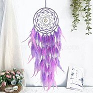 Woven Web/Net with Feather Hanging Ornaments, Iron Ring and Glass Beads for Home Living Room Bedroom Wall Decorations, Orchid, 720x160mm(PW-WG9FB90-03)