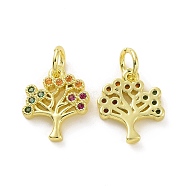 Brass Micro Pave Cubic Zirconia Charms, with Jump Ring, Tree, Real 18K Gold Plated, Colorful, 12x10x2mm, Hole: 3.2mm(KK-E068-VF090)