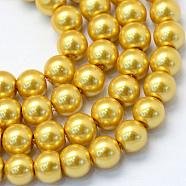 Baking Painted Glass Pearl Bead Strands, Pearlized, Round, Gold, 3~4mm, Hole: 0.5mm, about 195pcs/strand, 23.6 inch(HY-Q003-3mm-31)