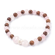Natural Rose Quartz Stretch Bracelets, with Grade B Pearl Beads and Wood Beads, 2 inch(5.2cm)~2-1/8 inch(5.4cm)(BJEW-JB03747-04)