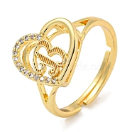 Heart with Letter Rack Plating Brass Micro Pave Cubic Zirconia Adjustable Rings for Women, Lead Free & Cadmium Free, Real 18K Gold Plated, Letter B, Inner Diameter: 16mm(RJEW-I105-06G-B)