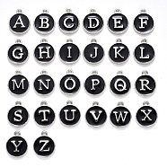 Initial Letter A~Z Alphabet Enamel Charms, Flat Round Disc Double Sided Charms, Platinum Plated Enamelled Sequins Alloy Charms, Black, 14x12x2mm, Hole: 1.5mm, 26pcs/set(ENAM-YW0002-01-05P)