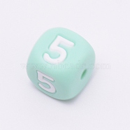 Silicone Beads, for Bracelet or Necklace Making, Arabic Numerals Style, Aquamarine Cube, Num.5, 10x10x10mm, Hole: 2mm(SIL-TAC001-02A-5)