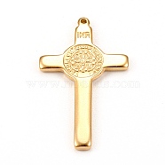 304 Stainless Steel Pendants, Cross with  Saint Benedict Medal, Golden, 33x19x2mm, Hole: 1.2mm(STAS-L250-004G)
