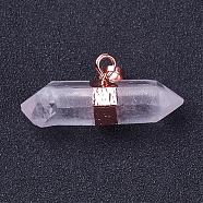 Natural Quartz Crystal Double Terminated Pointed Pendants, with Brass Findings, Bullet, Rose Gold, 34~46x15~18mm, Hole: 5x8mm(G-P253-02RG)