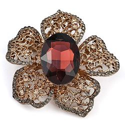 Zinc Alloy Siam Rhinestone Brooch, for Clothes, Antique Silver, Flower, 51x53mm(JEWB-U011-03AS-04)