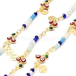 Enamel Cherry with Evil Eye Link Chains, with Real 18K Gold Plated Brass Peace Sign Charms and Glass Round Beaded, Lead Free & Cadmium Free, Soldered, with Spool, FireBrick, 11.5x7.5x3mm, 25x3.5(CHC-G017-22G-01)