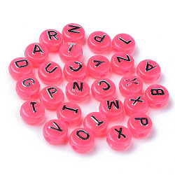 Opaque Acrylic Beads, Silver Metal Enlaced, Horizontal Hole, Flat Round with Random Letters, Fuchsia, 10x6mm, Hole: 2mm, about 1560pcs/500g(MACR-S273-49G)